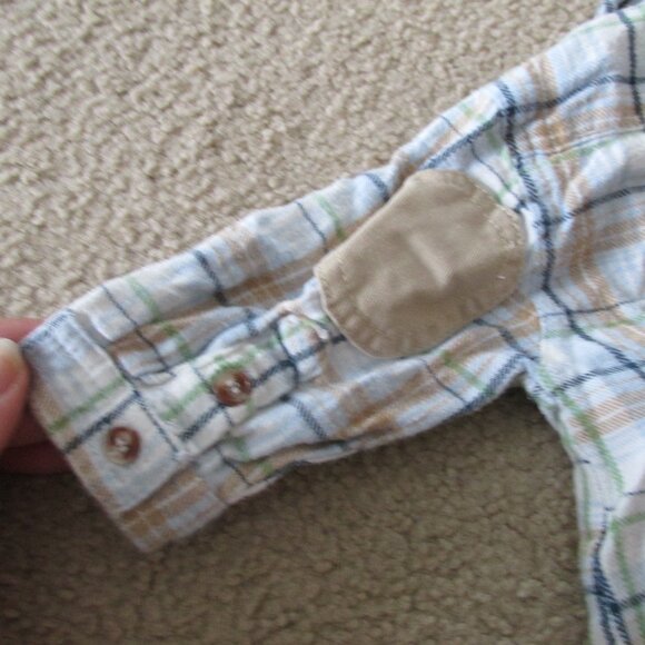 2 Pc Button Up Shirt Pants Outfit Boys Size‎ 3-6M Tan Plaid Long Sleeve Khaki - Picture 6 of 10